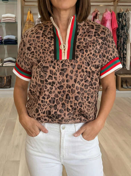 Brun leopard jacquard stripete lappeteppe kortermet bluse med halv glidelås