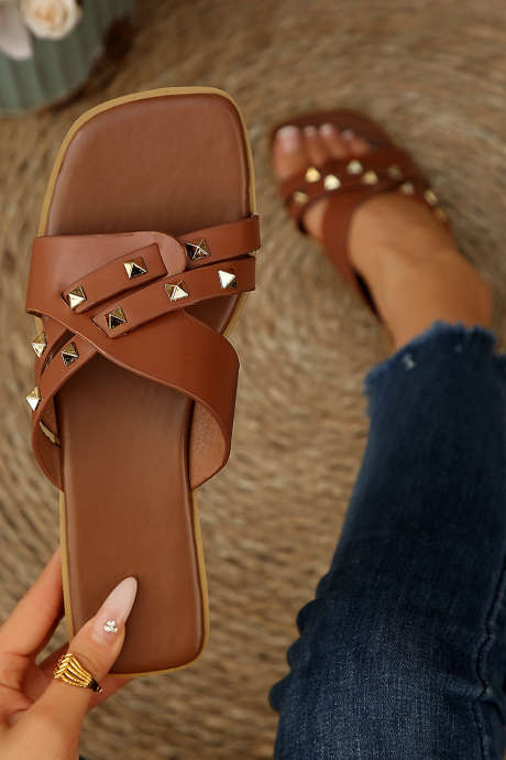 Coffee Retro PU Leather Studded Cutout Slippers BH024275-P1017