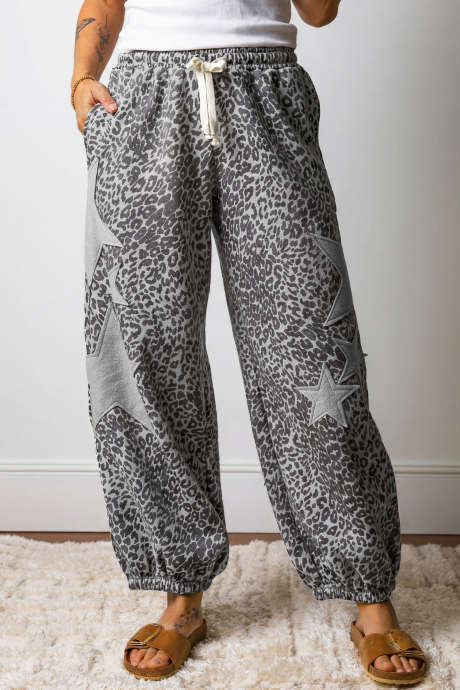 Gray Leopard Print Star Patched Drawstring Elastic Waist Jogger Pants