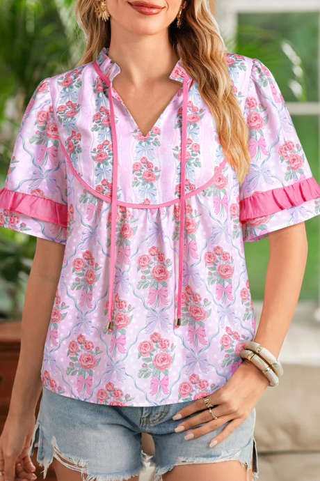 Lilla Coquette Blomster- og sløyfetrykk med kontrasterende rysjer og korte ermer LC25136343-P820