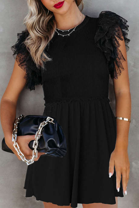 Črna pikčasta mrežasta obleka z nabranimi rokavi in ​​rebrasto pleteno obleko Babydoll