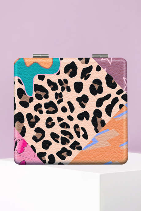 Miroir de maquillage carré double face à imprimé léopard parchemin BH061151-P6016