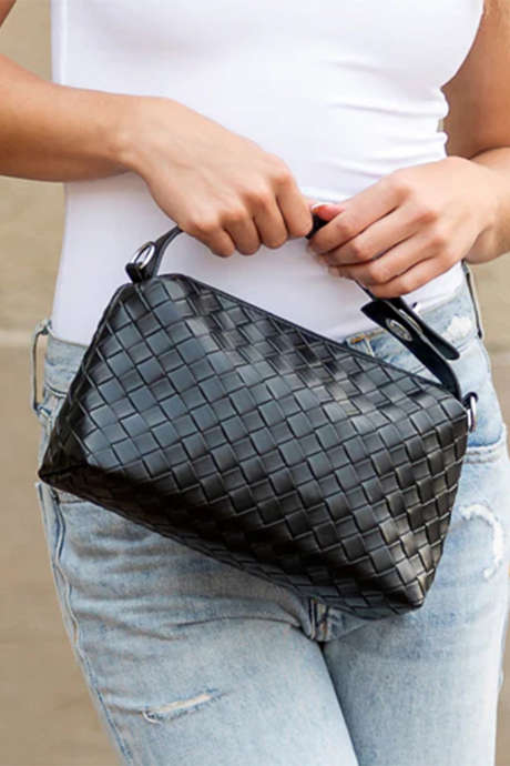 Color black PU Leather Woven Convertible Shoulder Handbag BH03801-P202