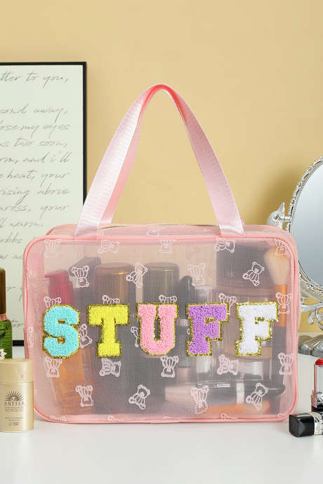 Pink STUFF Chenille Letter Patched Teddy Bear Mesh Lightweight Makeup Bag