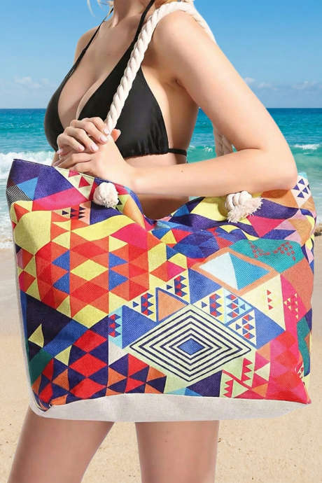 Fiery Red Boho Geometric Print Canvas Beach Vacation Large Tote Bag BH031546-P3