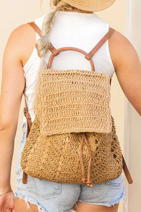 Priložnostni nahrbtnik iz umetnega usnja s tajskim curryjem in retro slamnatim vzorcem