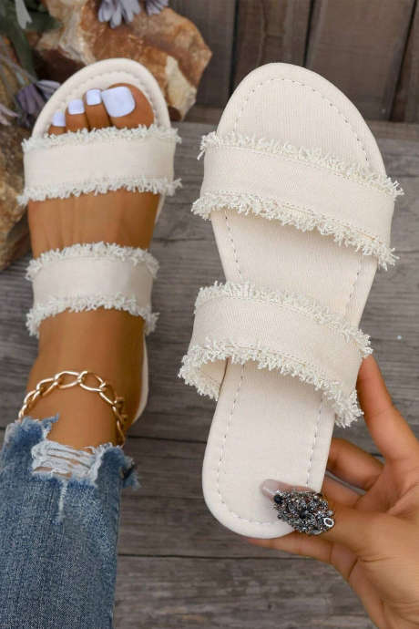 Beli laneni copati z dvojnim pasom in obrabljenim robom