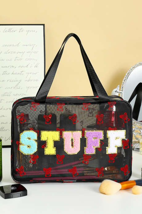 Barva črna STUFF lahka mrežasta torbica za ličila z napisom Chenille