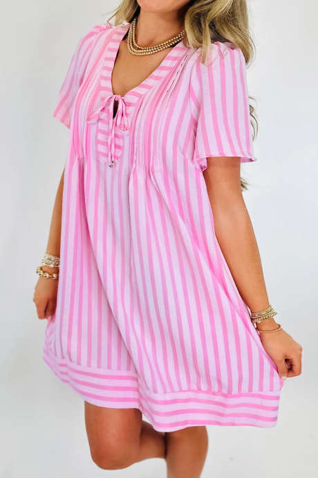 Pink Stripe Bead Tie V Neck Pleated Detail Short Sleeve Casual Dress