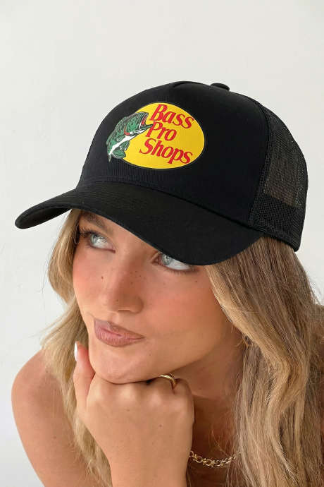 Zwarte Bass Pro Shops truckerpet met bedrukt mesh-patchwork BH043607-P2