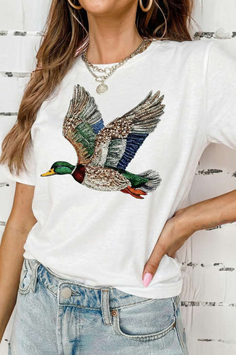 White Flying Mallard Print Crew Neck T Shirt LC25231329-1