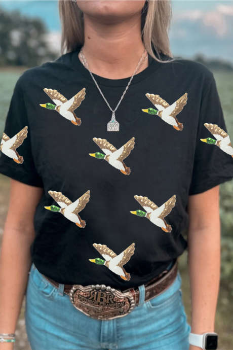 Black Sequin Mallard Duck Western Fashion Tee LC25231645-2