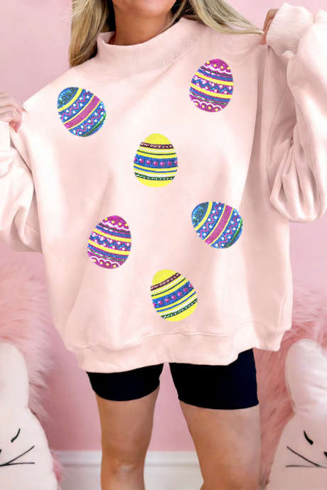 Apricot Pink Vibrant Easter Egg Sequin Mock Neck Sweatshirt LC25321468-P2010