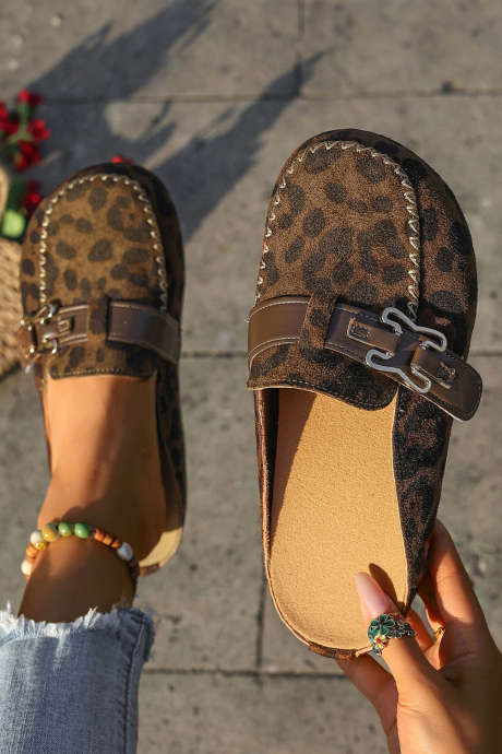 Coffee Faux Suede Cute Buckle PU Leather Strap Mule Slippers BH024280-P1017