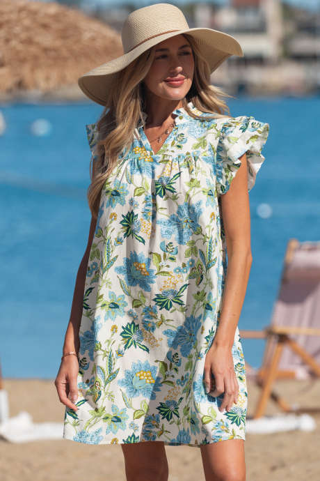 Bež cvetlična mini obleka z V-izrezom, trojnimi naborki in kratkimi rokavi