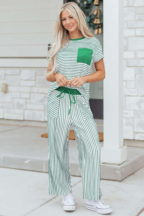 Green Stripe Crew Neck Tee Drawstring Waist Cropped Pants Set LC628508-P919