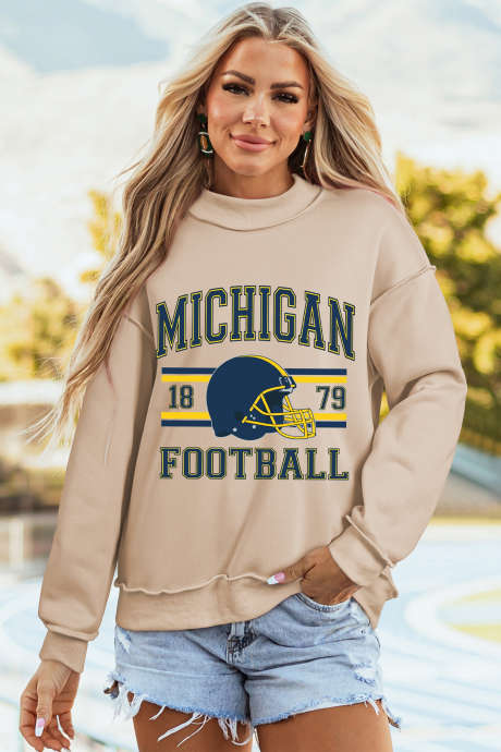 Apricot MICHIGAN FOOTBALL Double Side Printed Reversible Mock Neck Sweatshirt LC25321479-P18