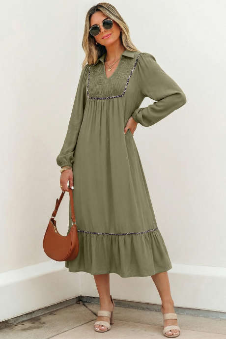 Four Leaf Clover Collared V Neck Smocked Detail Contrast Leopard Trim Bracelet Sleeve Long Dress