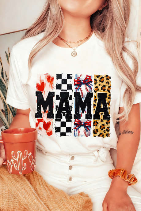 Bela majica z več potiski in leopardjim vzorcem MAMA Baseball