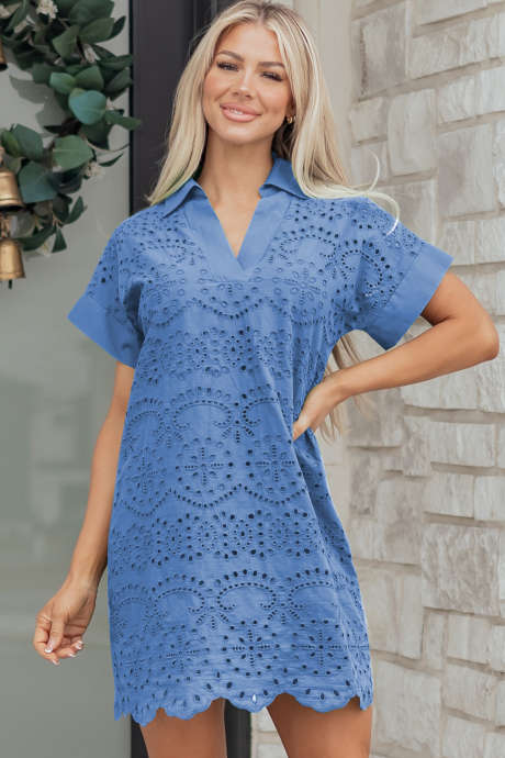 Beau Blue Solid Color Eyelet Embroidered T Shirt Mini Dress
