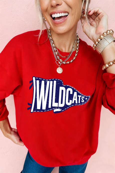 Red WILDCATS Pennant Printed Casual Pullover Sweatshirt LC25321476-3