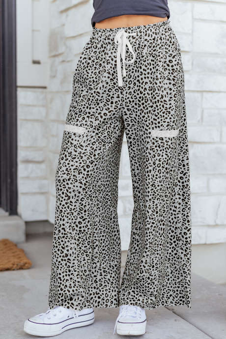 Gray Animal Print Wide Leg Terry Knit Pants LC7714355-P1120