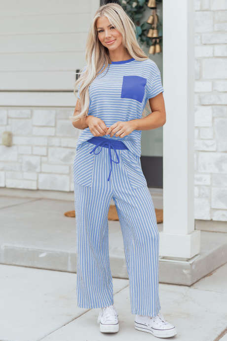 Sky Blue Stripe Crew Neck Tee Drawstring Waist Cropped Pants Set
