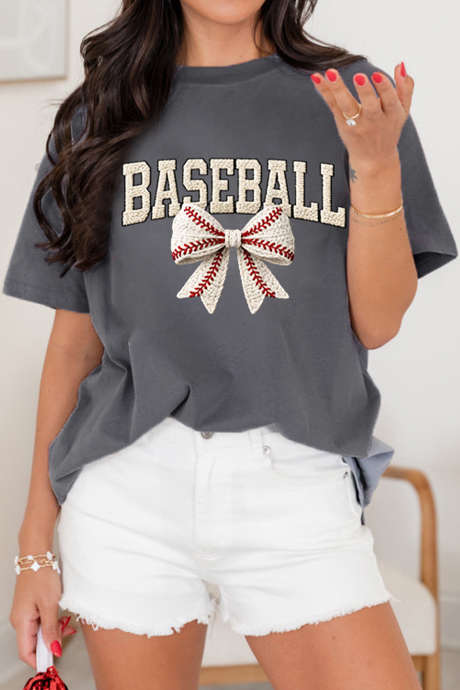 Gray Faux Woven BASEBALL Bow Printed T Shirt