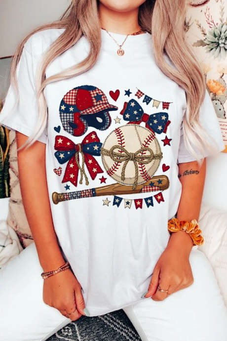 White American Game Day Fashion Baseball Printed Tee