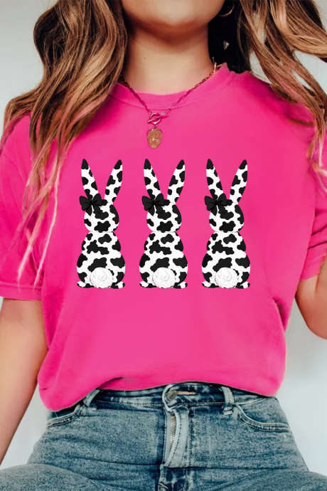 Rose Red Cow Spots Cute Bow Bunny Easter Graphic Tee LC25231659-P6