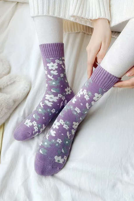 Wisteria Retro Floral Ribbed Cuff Mid-calf Socks BH043519-P208