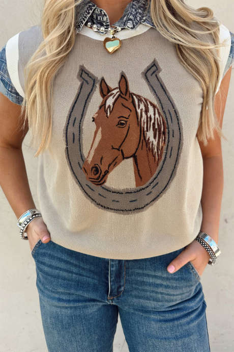 Trui met ronde hals, kleurblokmotief en perkamenten hoefijzerprint, mouwloos