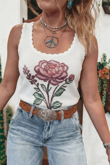 Bel pleten pulover z retro cvetličnim potiskom in kvadratnim izrezom