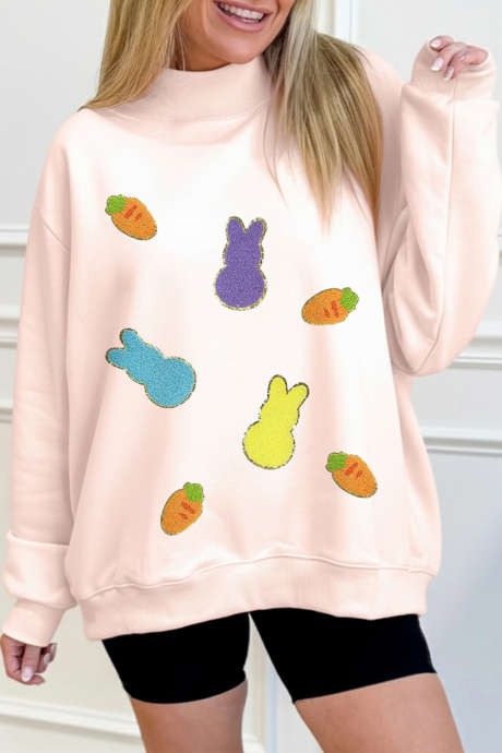 Apricot Pink Easter Rabbit Carrot Chenille Patched Graphic Sweatshirt LC25321470-P2010