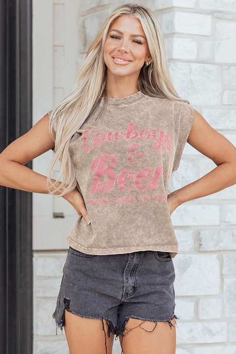 Dimno siva majica brez rokavov z mineralnim pranjem in kavbojskim in pivskim zahodnjaškim grafikom