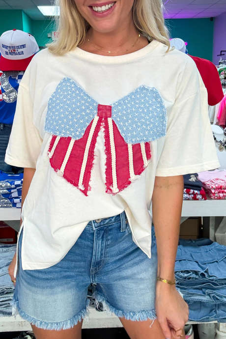 White Loose Knit Vintage Flag Bow Patched T Shirt