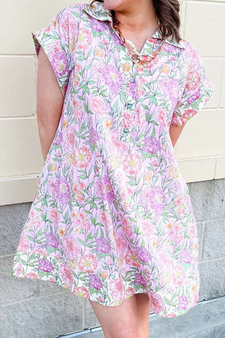 Roze jurk met blauwe rand en bloemenprint