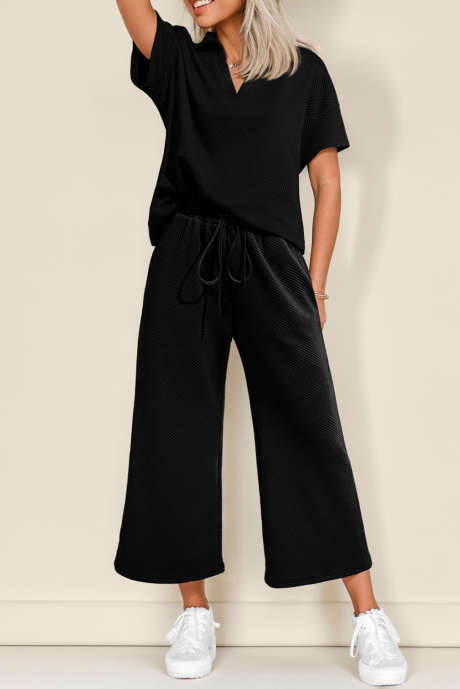 Black Stylish Textured Loose Fit T Shirt and Drawstring Pants Set
