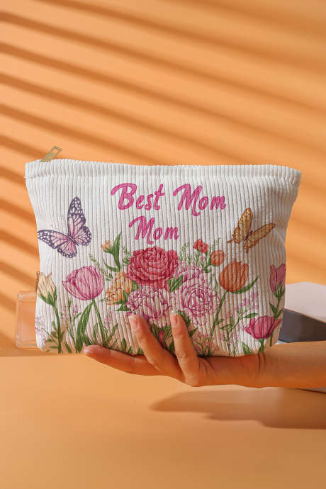 Bela torbica za ličila Best Mom Mom z metulji in cvetličnim potiskom iz korduroja
