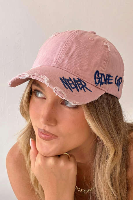 Light Pink NEVER GIVE UP Cotton Distressed Baseball Cap BH043682-P1010