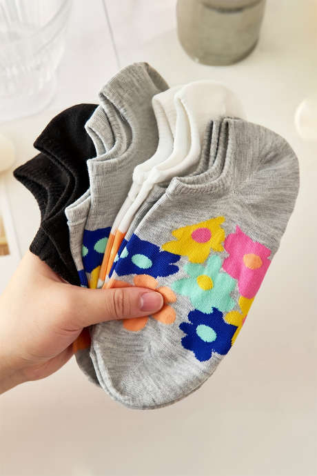 Svetlo sive 4 pari bombažnih nogavic do gležnjev z barvitim cvetličnim potiskom