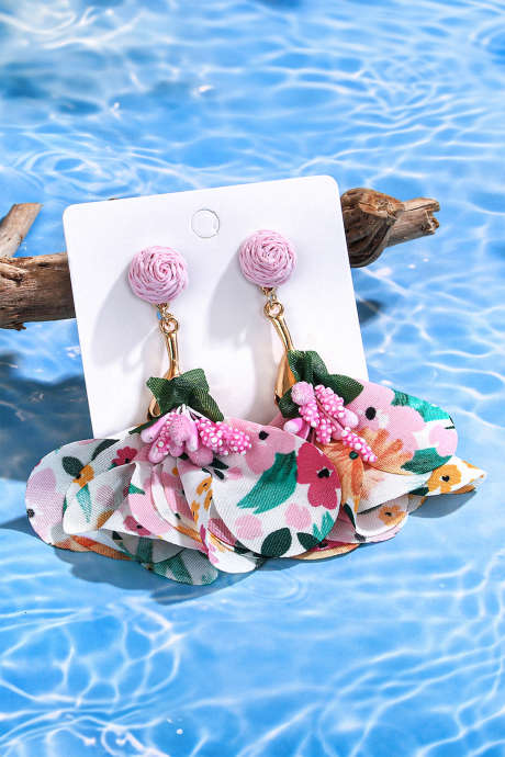 Roza boho elegantni cvetlični uhani iz rafije iz blaga za počitnice