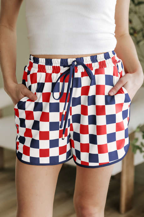 Black Checkered Print Bead Drawstring Athleisure Shorts