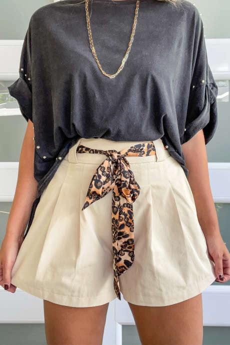 Oatmeal Leopard Kontrast Sash Belt Plisserte Shorts med Vide Ben LC7311441-P1015