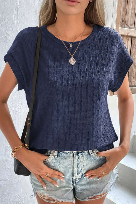 Sail Blue Solid Color Textured Batwing Sleeve Tee LC25126444-P905