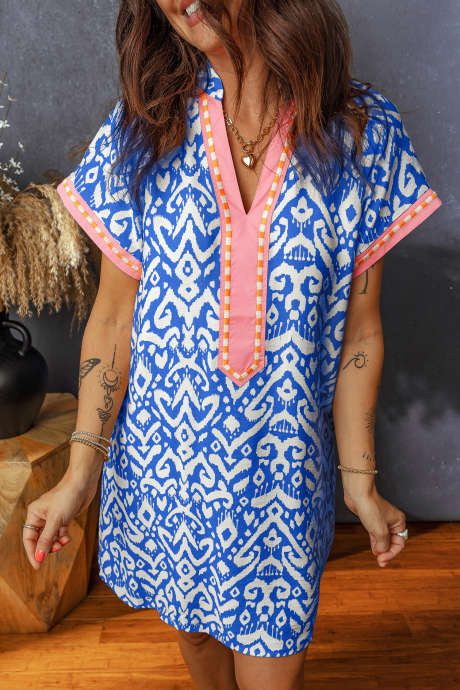 ブルーのウエスタンファッションプリントストライプカラーブロックパッチワークシフトミニドレス