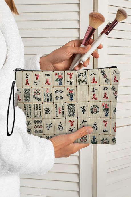Bela platnena kozmetična torba z vzorcem mahjonga BH031636-P101