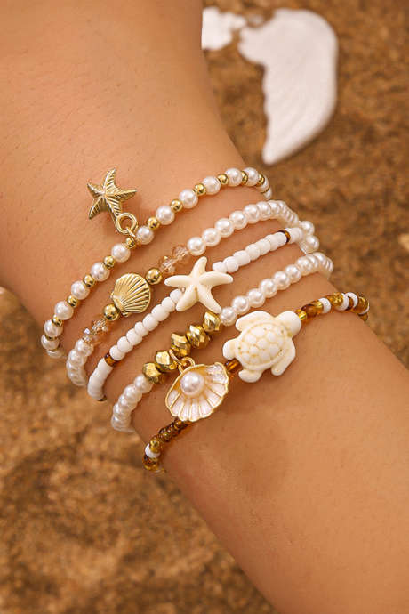 Komplet 5 večplastnih zapestnic z zlatimi boho motivi za plažo z školjkami in biseri
