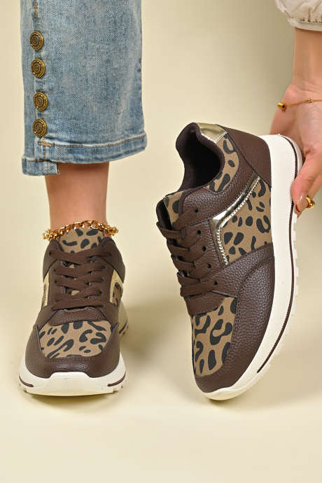 Coffee PU Leather Color Block Leopard Contrast Lace Up Sneakers BH024260-P1017