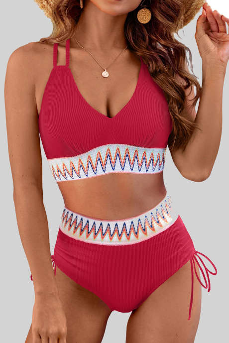 Racing Red Ribbed Knit Tribal Contrast Detail 2pcs High Waist Swimsuit